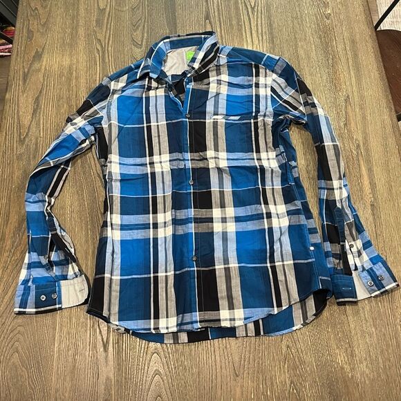 Hugo Boss Modern Fit Mens Button-Up Collare Plaid Shirt Cotton Multicolor Size L - Picture 1 of 7